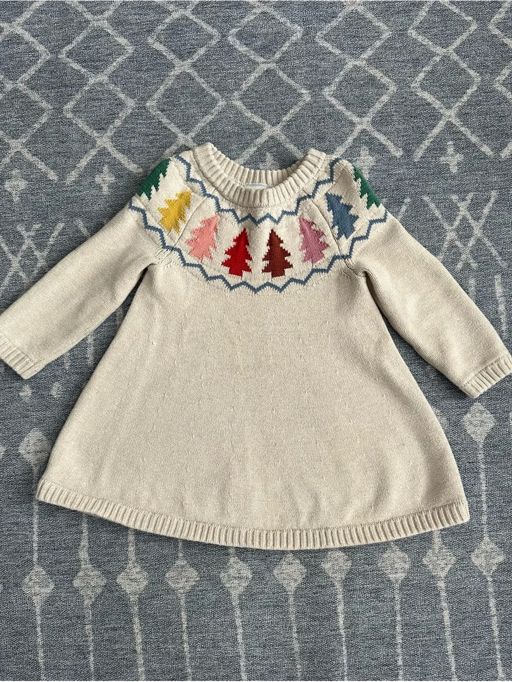 Hanna Andersson Cream Sweater Dress with Multicolor Holiday Tree